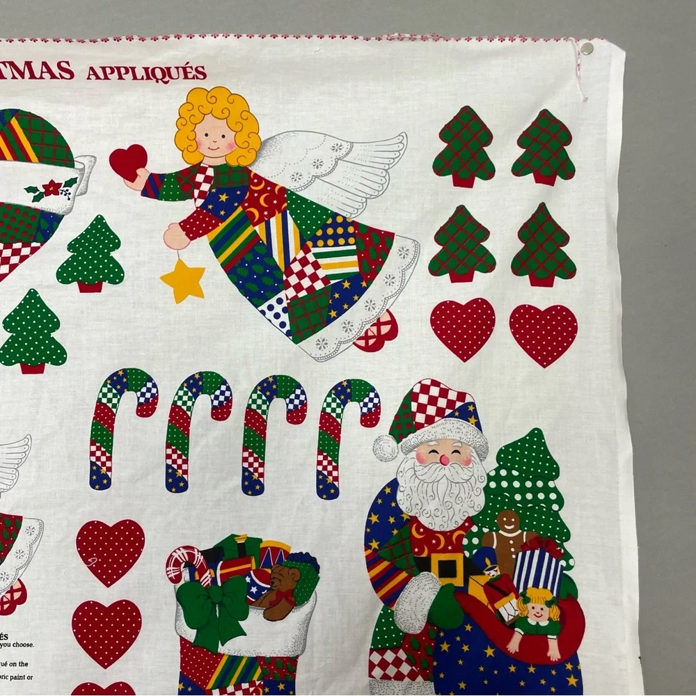 Vintage Christmas Applique Fabric Panel No Sew Patchwork Santa Angel Hearts #K15